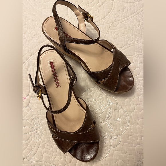 Prada Womens Brown Espadrille Wedge Sandals Ankle Strap Size 36.5 excellent - Picture 2 of 4